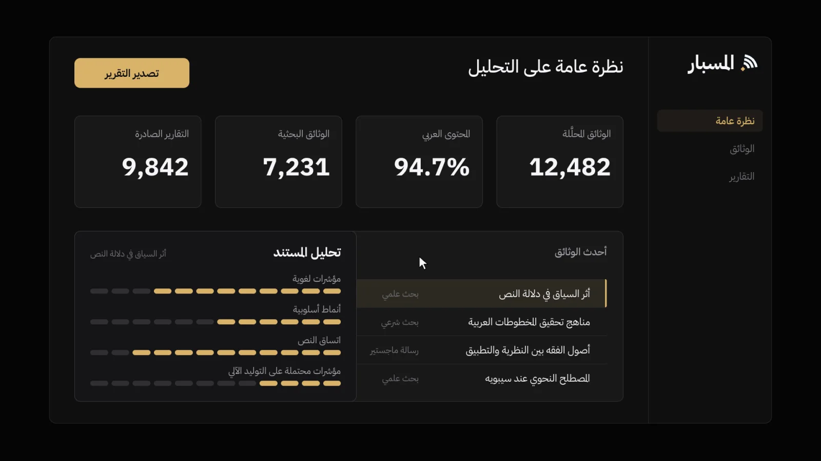 لوحة تحكم المسبار تعرض نظرة عامة على التحليل وأحدث الوثائق